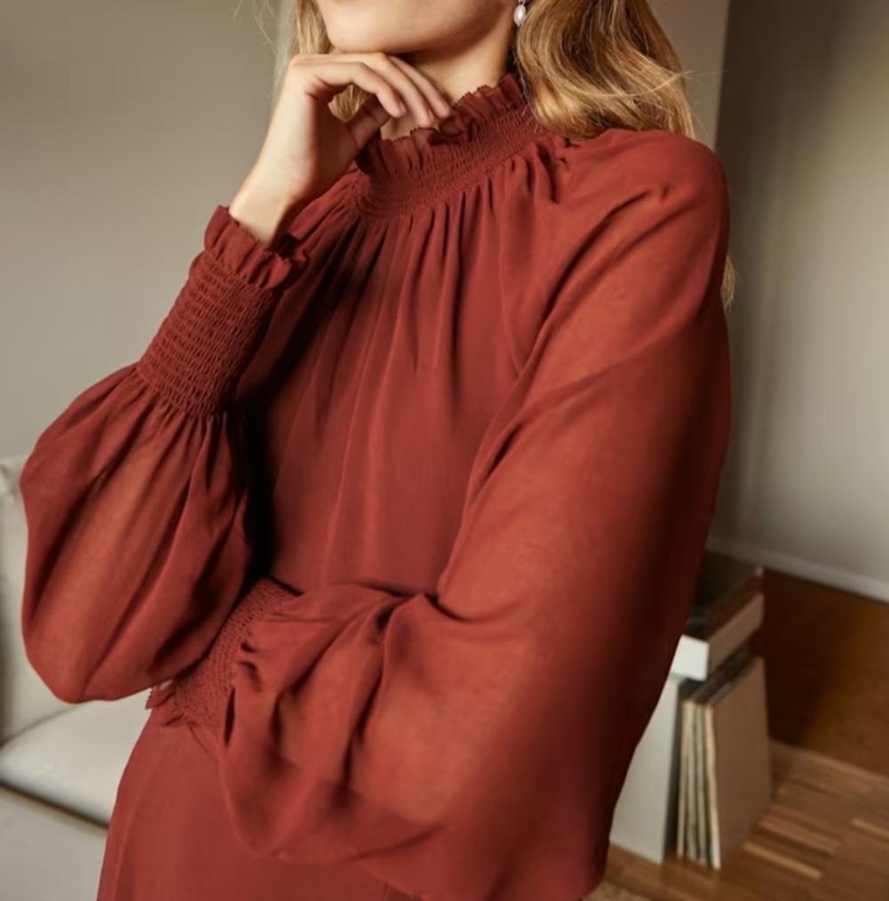 Wilfred Long Sleeve High-Slit Midi Dress in Rust - Picture 2 of 7